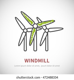 Windmills receiving wind energy logo logotype, vector. Windmill concept for ecology design. Wind turbines logo.