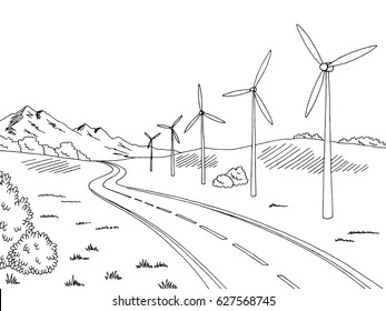 Windmills road graphic black white landscape sketch illustration vector