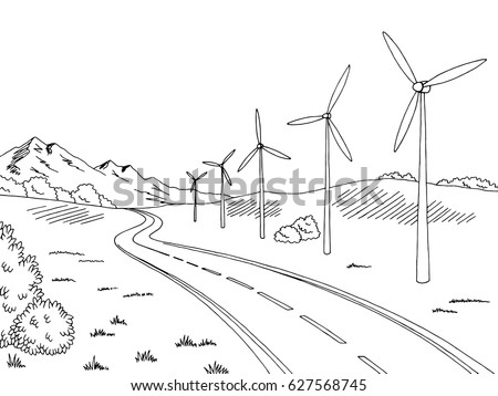 Windmills road graphic black white landscape sketch illustration vector