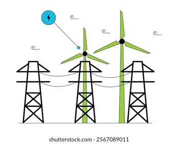 Windmills rotate with the wind blowing to channel electrical energy to the surrounding electricity towers, green energy vector illustration.