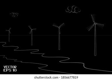 Molinos de viento con aspas giratorias para generar electricidad. Turbinas ecológicas blancas y negras aisladas de fondo blanco. Vector. Ilustración 3D