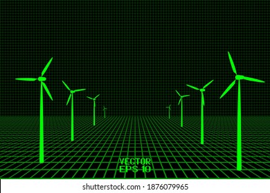 Windmills with Rotating Blades for Generating Electricity. Alternative Energy. Green Eco-friendly Turbines Isolated on Black Background. Vector. 3D Illustration