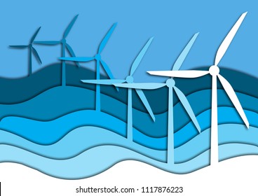 Windmills in the sea or ocean with water waves and blue sky landscape. Green energy, alternative energy sources concept. Paper cut out style vector illustration.