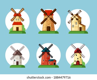 Windmills set. Old buildings for grinding flour in cartoon style traditional farming equipment bakeries red brick facades and yellow wooden ethnic retro architecture wind power. Vector rural design.
