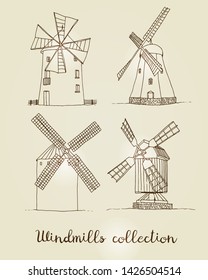 Windmills set vector silhouettes isolated on beige background, hand drawn sketch collection