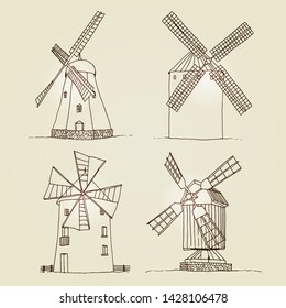 Windmills set vector silhouettes isolated on beige background, hand drawn sketch collection