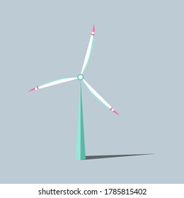 Windmills with shadow. Vector illustration. Wind turbines with changing angle rotation. Symbol of ecological power. Alternative energy resources. For design landscapes, games, infographics, etc.