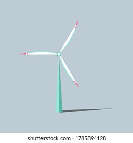 Windmills with shadow. Wind turbines with changing angle rotation. Vector illustration. Symbol of ecological power. Alternative energy resources. For design landscapes, games, infographics, etc.