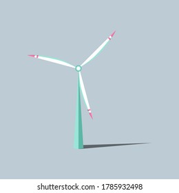Windmills with shadow. Wind turbines with changing angle rotation. Symbol of ecological power. Vector illustration. Alternative energy resources. For design landscapes, games, infographics, etc.