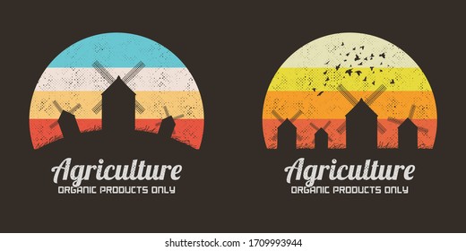 Windmills silhouettes. Retro backgrounds vector set. Rural landscape
