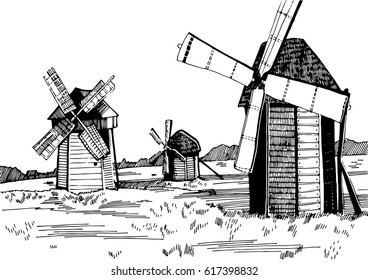 Windmills sketch. Vector isolated hand drawn illustration