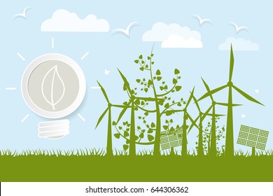 Windmills, solar batteries - clean energy. Concept of conservation of the environment