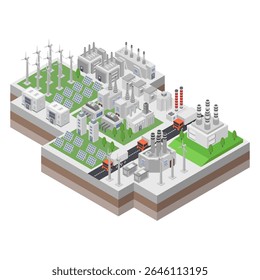 Windmills and solar panels for alternative energy isometric on white background