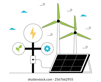 Windmills and solar panels can produce electrical energy as an alternative for everyday life, green energy vector illustration.