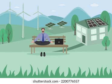 Windmills, solar power station and house with solar panels. Young man relaxing against the backdrop of nature and eco friendly technology, energy sources. Vector illustration