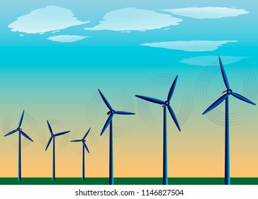 Windmills standing in the Field against the background of blue Sky, Power wind, Alternative source of Energy, eps 10