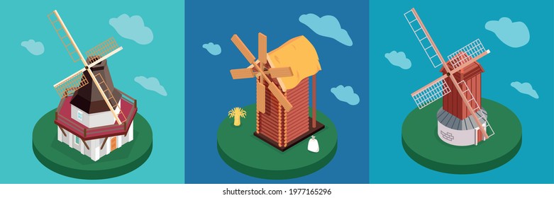 Windmills types concept 3 circular isometric images of smock tower post mills blue cloudy background vector illustration