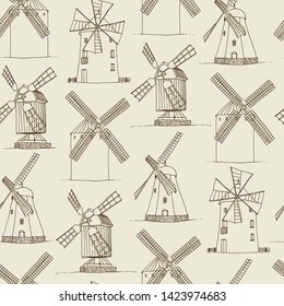 Windmills vector silhouettes seamless pattern, hand drawn mills vintage background