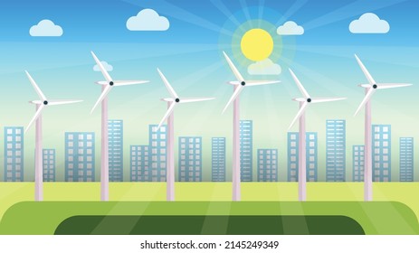 Windmills vector in an urban area on a sunny day. Natural power supply from windmills. Electricity production concept with windmills. Natural power supply concept in an urban area vector.
