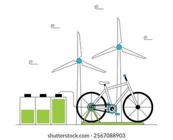 Windmills as wind power generators that can be used for daily activities such as charging batteries and electric bicycles, green energy vector illustration.