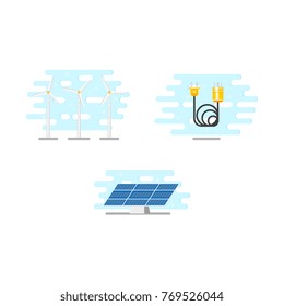 Windmills, wind turbines, solar panel, electric power cable set, flat vector illustration isolated on white background. Alternative energy, electricity sources - wind mills, solar panel, power cable
