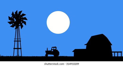 Windmill,Tractor & Farm House at Night 
