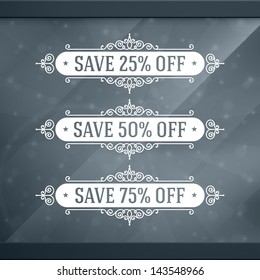 Window advertising decals graphics. Vector design elements set. Discount sale sign.