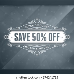 Window advertising sale 50% off decals graphics. Vector design elements set. Discount sale sign. Window advertising sale 50% off decals graphics. Vector design elements set. Discount sale sign.