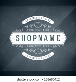 Window advertising shop decals insignia graphics. Vector design element. Place for shop name sign. 