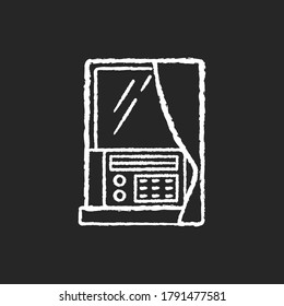 Window air conditioner chalk white icon on black background. House interior environment ventilation refrigeration system. Domestic airflow cooling appliance. Isolated vector chalkboard illustration