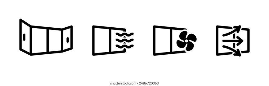 Window air ventilation icon set. Wind circulation symbol. Open window sign. Room conditioning vector illustration. Fresh air flow pictogram. Aeration line concept isolated.