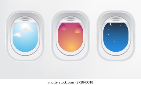 Window Of Airplane Aircraft (long Flight Concept). Creative Design Of Travel By Plane. Interior Of Aircraft With Day Sunset And Night Of View From Porthole. 