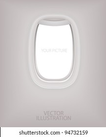 Window of airplane (flight concept). Creative design of travel by plane. Interior of aircraft with your ideas of view from Porthole. Background of business voyage (trip). Vector layout