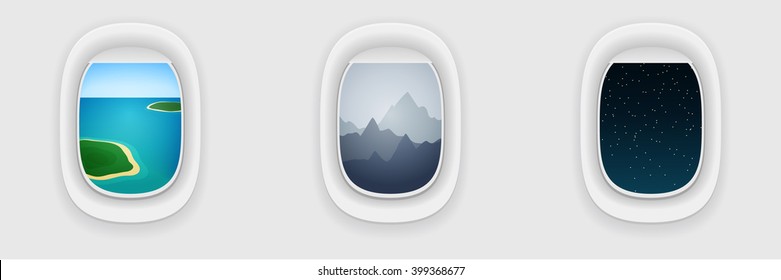 Window of airplane, long flight concept. Vacation, traveling template. Day, evening and night shift during flight. 