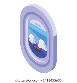 Icono de viaje del avión de la ventana vector isométrico. Cielo de viajes divertidos. Interior de cabina