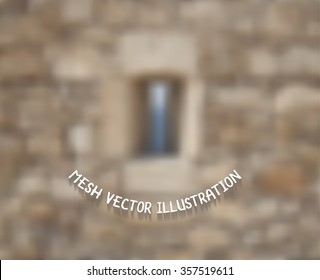 Window of an ancient fortress. Fortress wall. Vector illustration. Mesh blurred background. Template for poster.