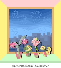 Window in apartment with cute flowers on the light green windowsill.