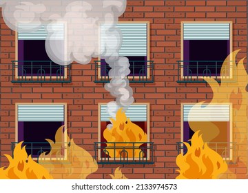 Window apartment facade with fire accident illustration