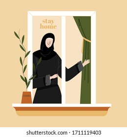 Window apartment. Stay home. Love empathy stay safe.. Corona Virus. Arab woman. View from the outside of a window. Pandemic flat vector illustration. Self quarantine and isolation.