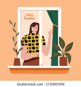 Window apartment stay home. Neighbours love empathy stay safe. Covid 19. Corona Virus. Curtain and plants. Vier from the outside of a window. Protection pandemic flat vector illustration. Adult woman.