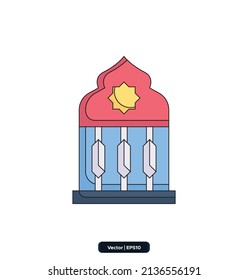Fenster Arabian Symbol. Ramadan, Sammlung islamischer Feiertagssymbole. Islamische Symbole, muslimische Tagesschilder Symbol einzeln auf weißem Hintergrund. Koran Buch, Traditionelle Laternen. eps10.