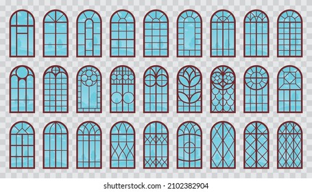 Window Arched Wooden Frames Collection. Vector Set of Isolated Windows with Sky Reflection for Outdoor View on Architecture Design.