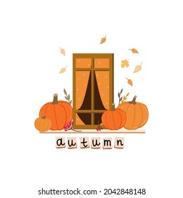 window with autumn decor on the white background