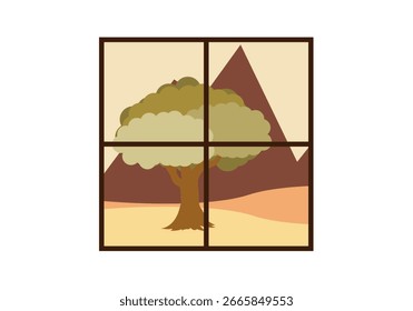 Janela com paisagem de montanha de outono e árvore