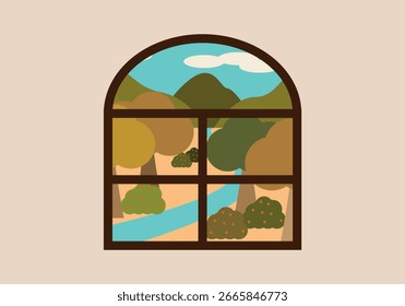 Window with autumn river landscape