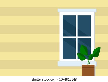 Window background. Outdoor plant. Striped wall