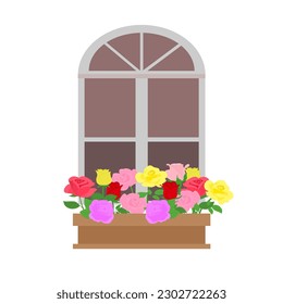 Window And Balcony Flower Box With Roses