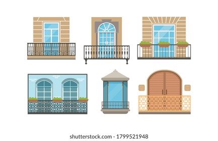 Window with Balcony Set, Classic and Modern House Exterior, Building Facade Design Vector Illustration