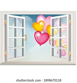 window balloons fly card vector illustration