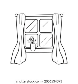 Window With Beautiful Curtains And Indoor Plant. Vector Sketch Doodle Drawn By Hand. Isolated